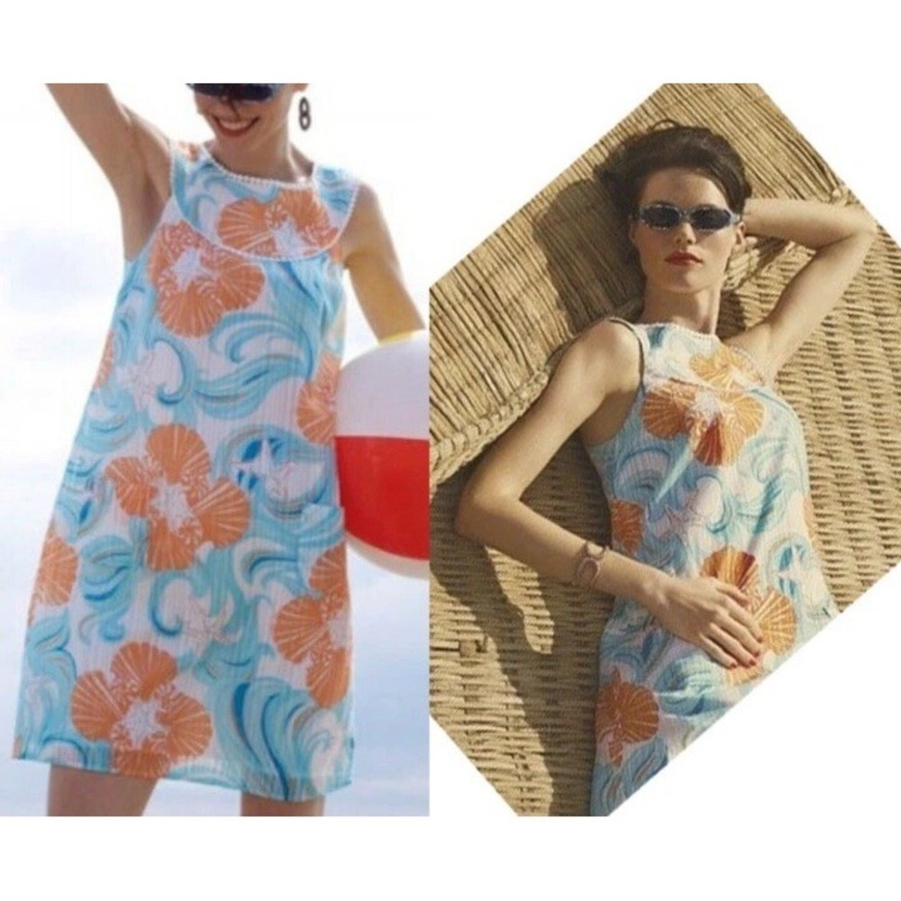 Lilly Pulitzer Janet Shift Dress XS Blue Orange Starfish Seashells Hawaii Resort